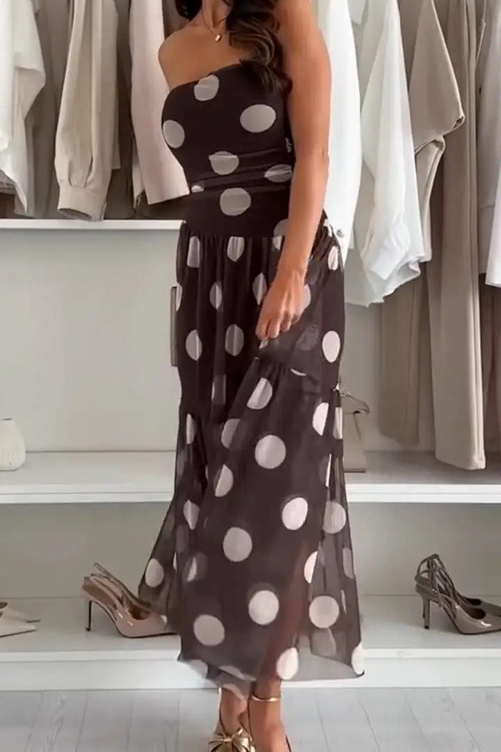 Effortless Elegance β Polka Dot Strapless Maxi Dress
