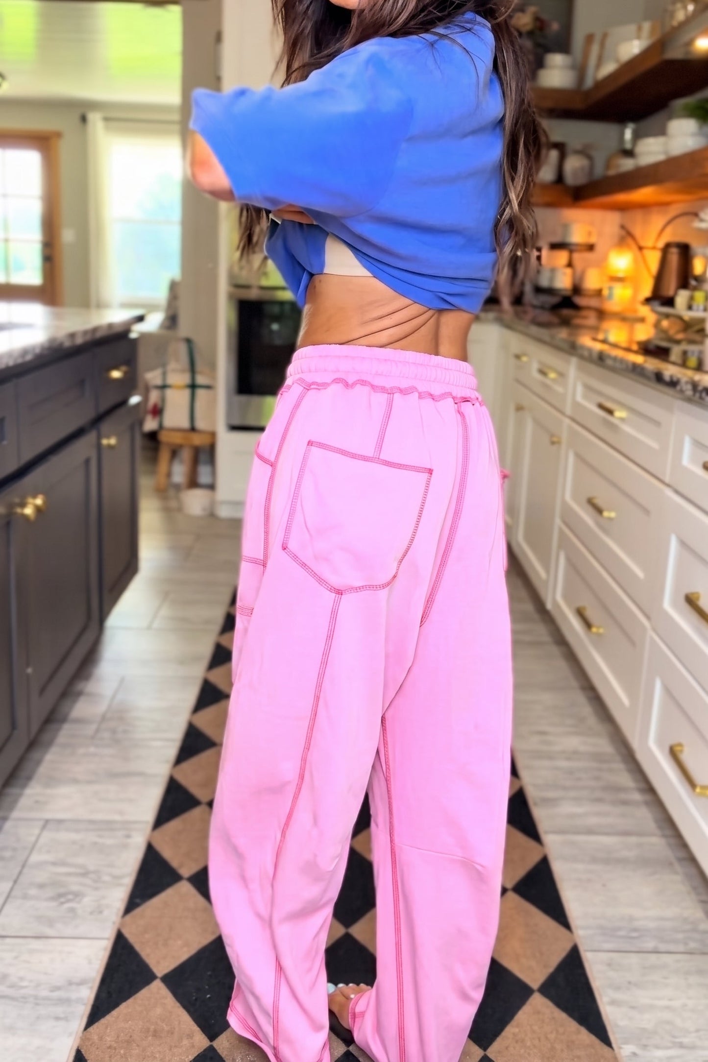 Pink Contrast Stitch Drawstring Sweat Pants