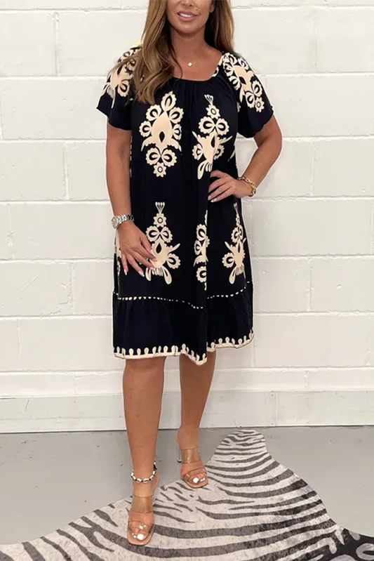 Geometric Pattern Multi Print Square Neck Dress