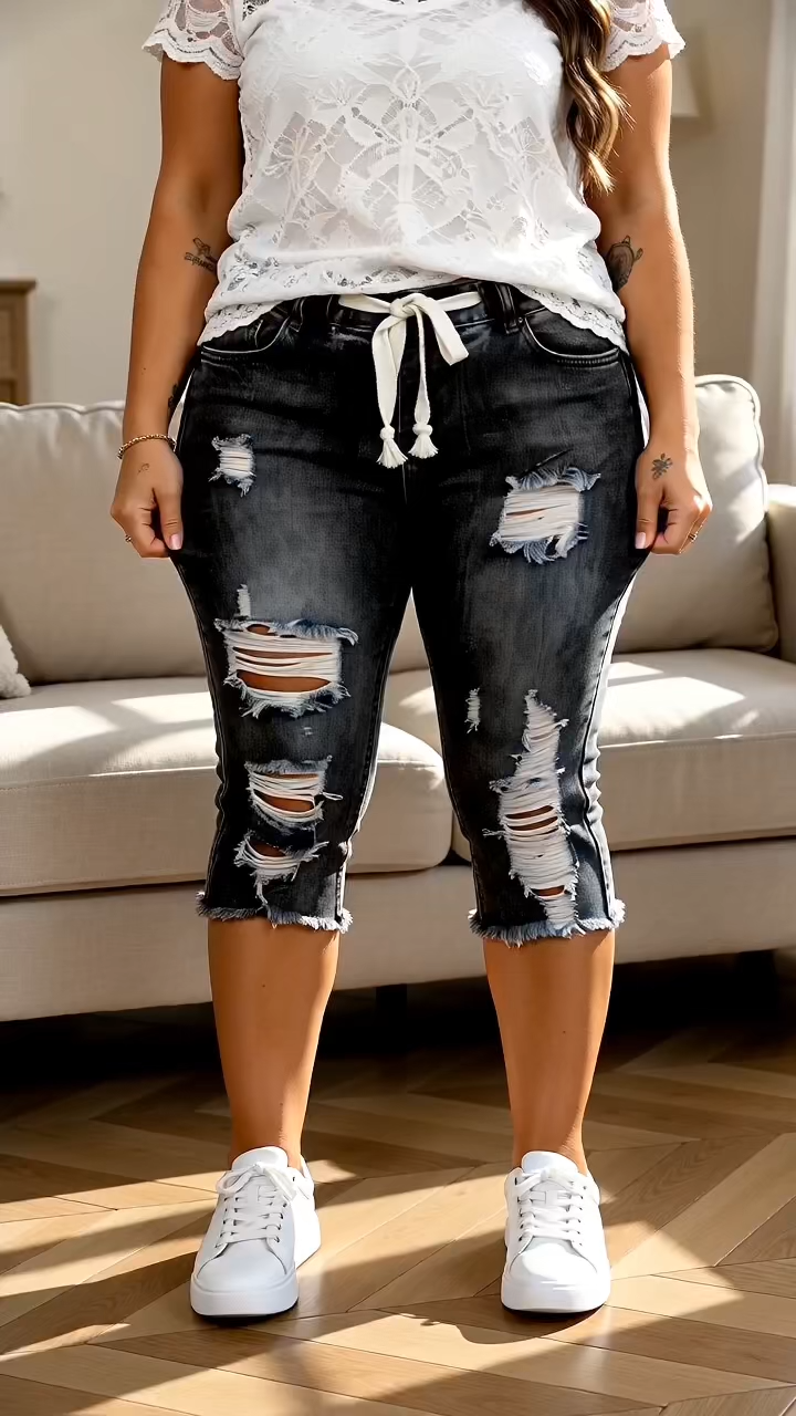 Distressed Drawstring Capri Denim Jeans