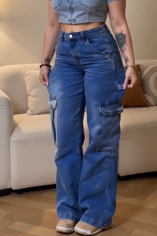 High-Waisted Loose Cargo Denim Jeans