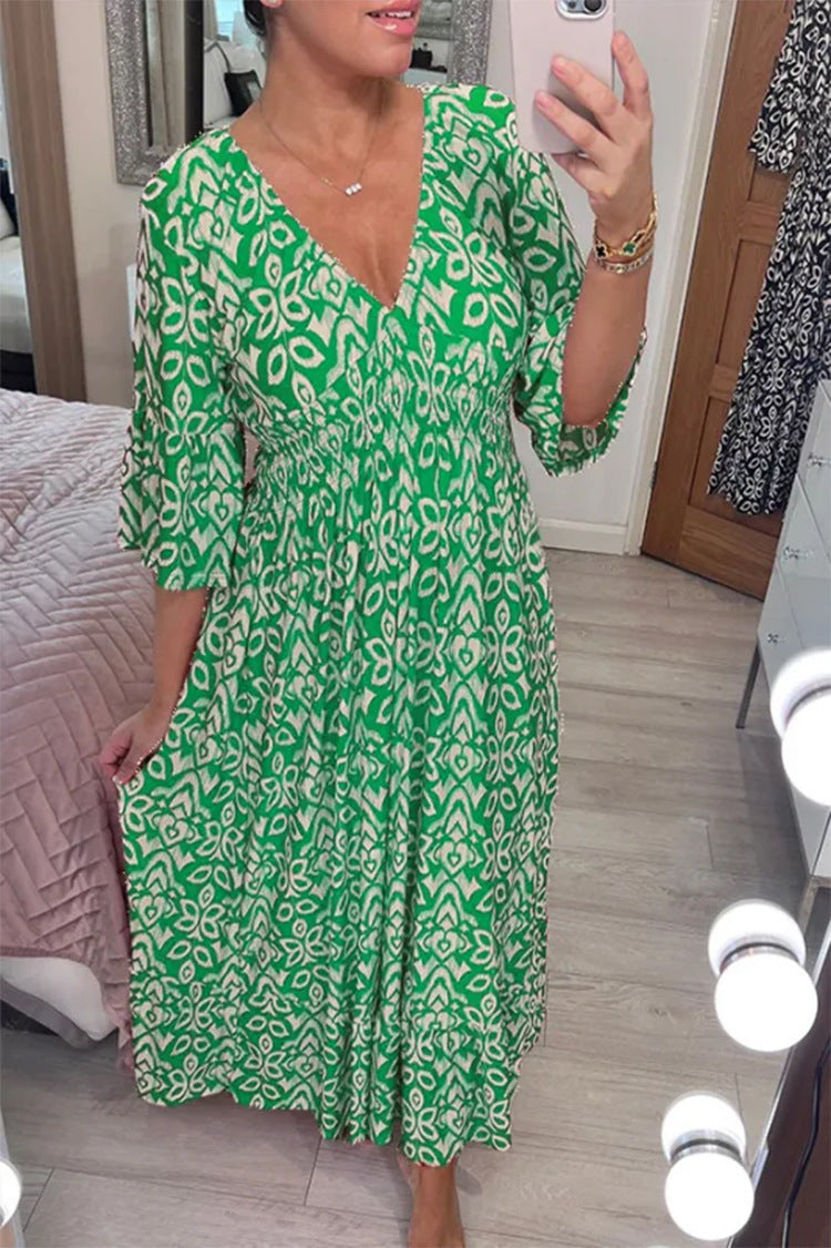 Casual Print V-neck Long Dress