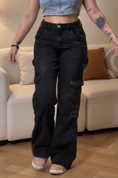 High-Waisted Loose Cargo Denim Jeans