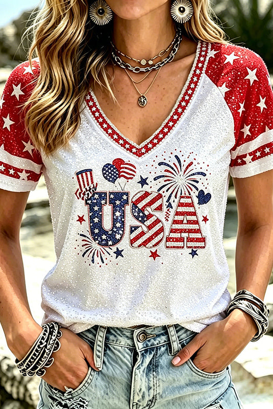 Women's Independence Day Printed V Neck Casual Tops