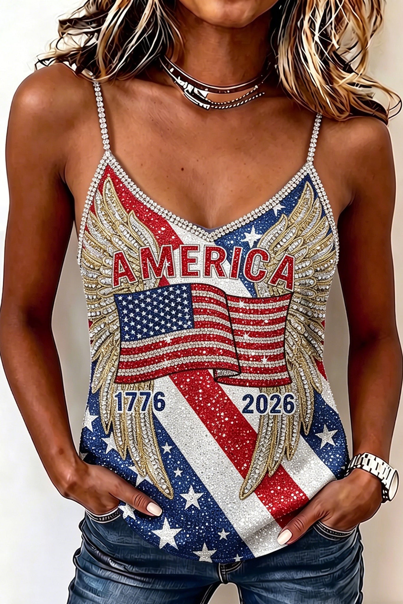 Women's Vintage Anniversary Flag Art Print Casual Sleeveless Camisole Top