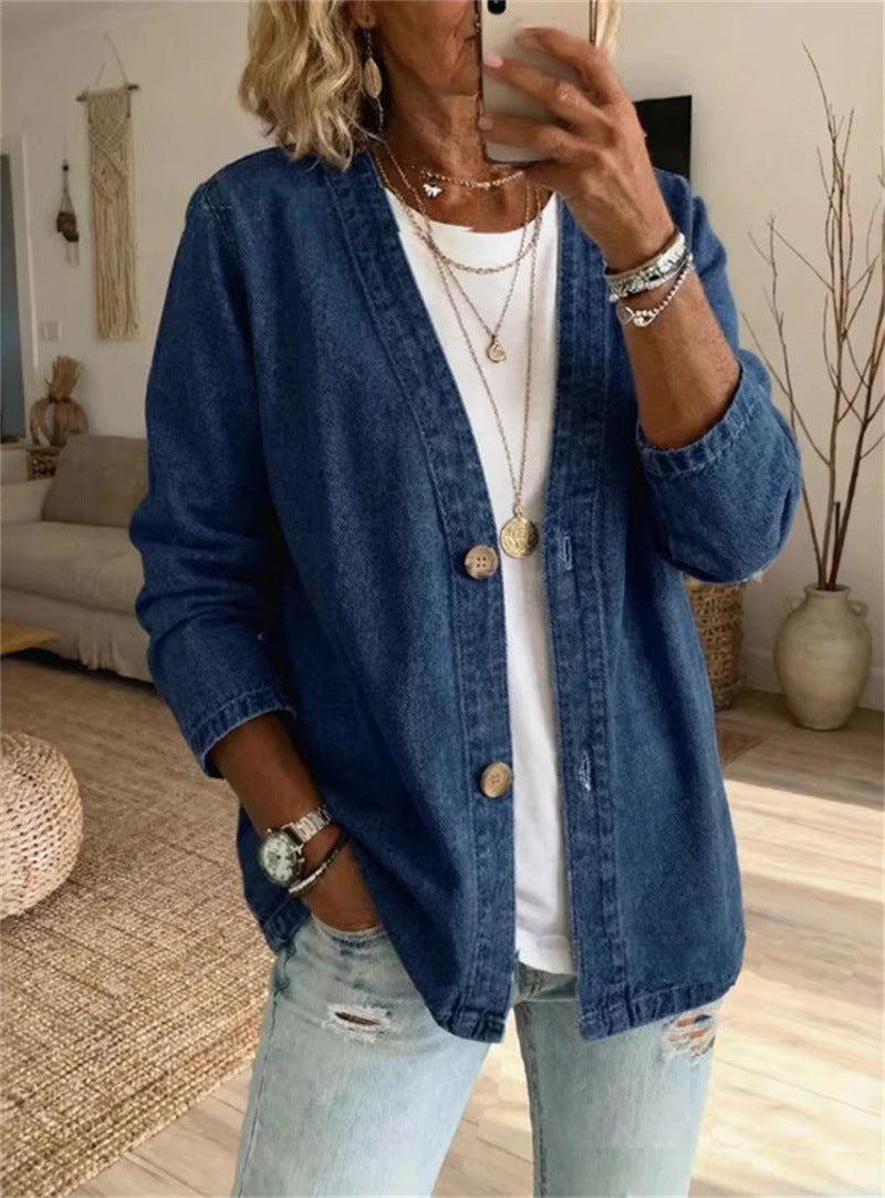 🧥 50% OFF NOW! ✨ Women's Classic Button Front Denim Jacket – V-Neck, Breathable Fabric & Relaxed Fit 💙