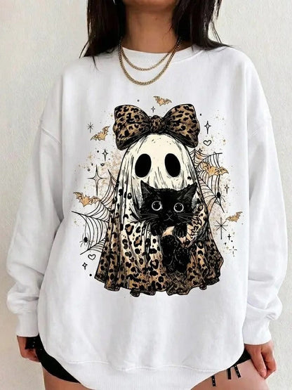 Vintage Halloween Leopard Bow Ghost Black‑Cat Sweatshirt