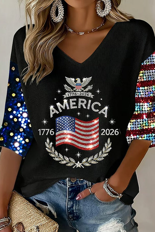 Women's Flag Art Three-quarter Sleeve V Neck Linen Tops