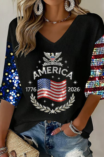 Women's Flag Art Three-quarter Sleeve V Neck Linen Tops