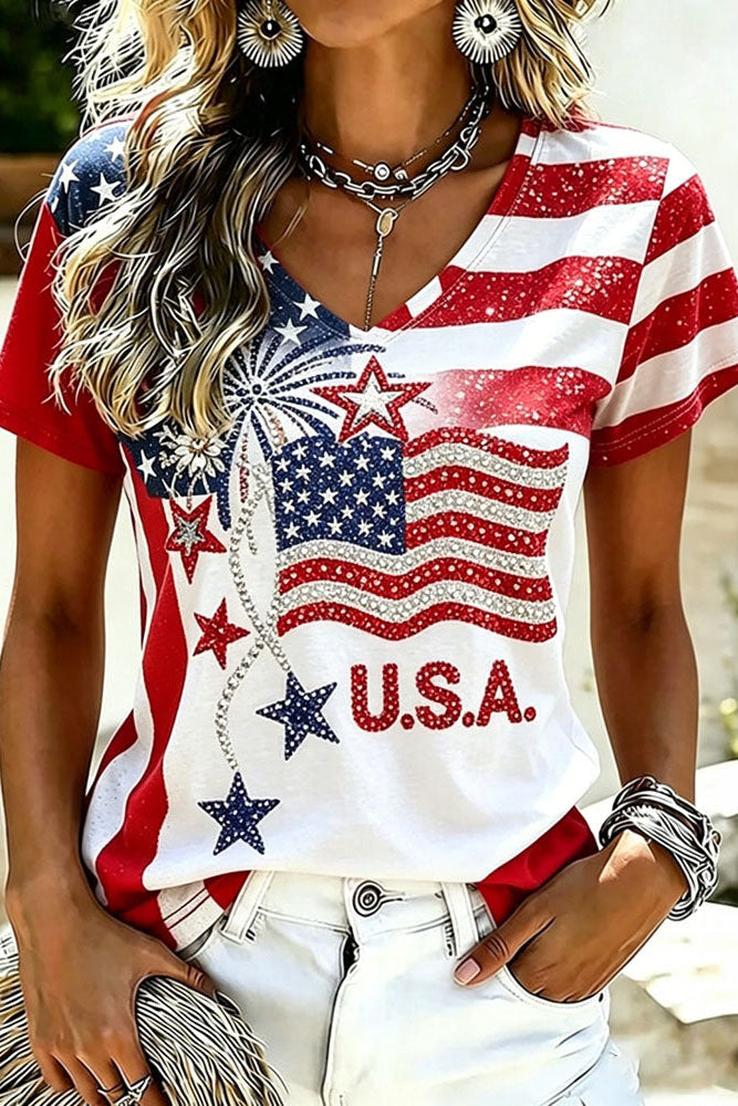 Women's Independence Day Anniversary Contrasting Colors Casual T-shirt