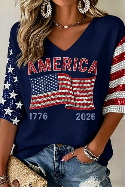 Women's Flag Art Three-quarter Sleeve V Neck Linen Tops