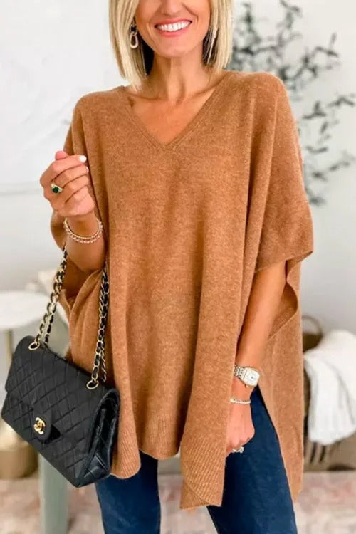 🌈V Neck Loose Fit Solid Poncho Sweater