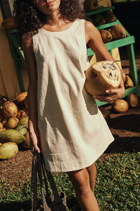 Hollow Back Cotton-Linen Mini Dress