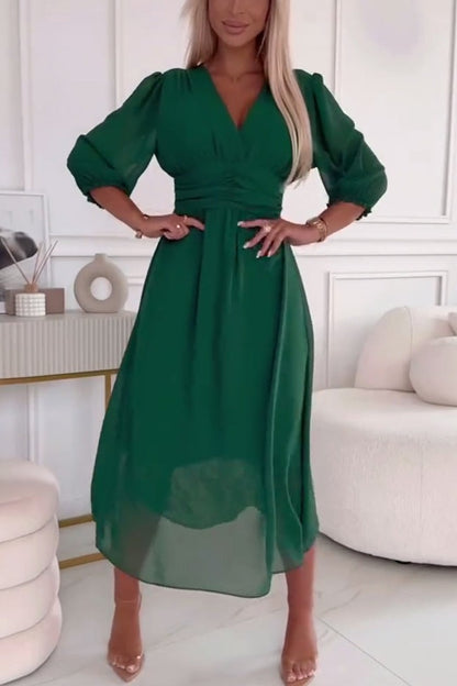 V-Neck Solid Color Waist Dress
