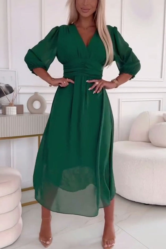 V-Neck Solid Color Waist Dress