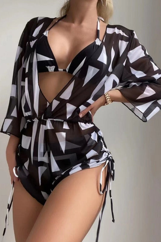 GEOMETRIC PRINT HALTER BIKINI SWIMSUIT & COVER UP 3 PIECE SET