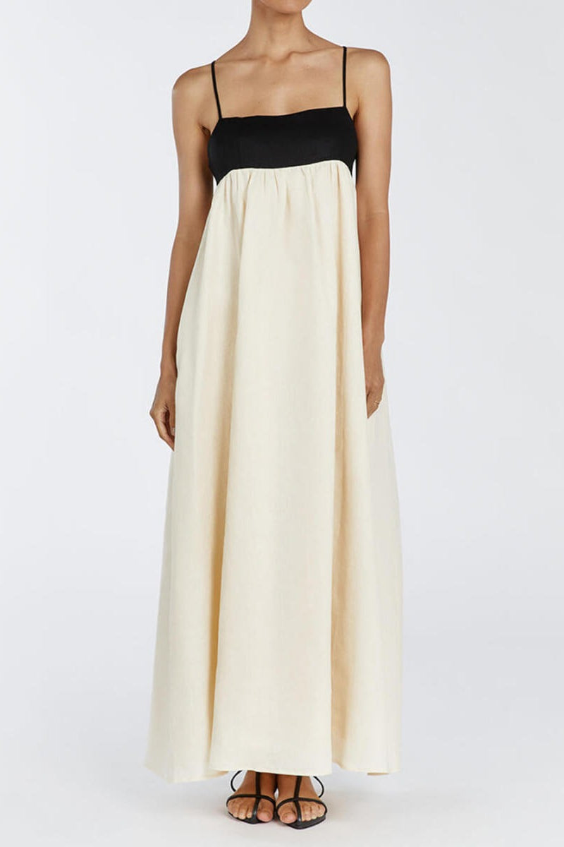 Loose Suspender Black And White Patchwork Maxi Dress