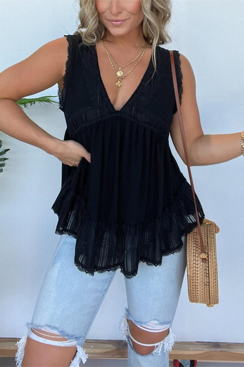V-NECKLINE SLEEVELESS FLOW TOP WITH LACE TRIM (BUY 2 FREE SHIPPING)
