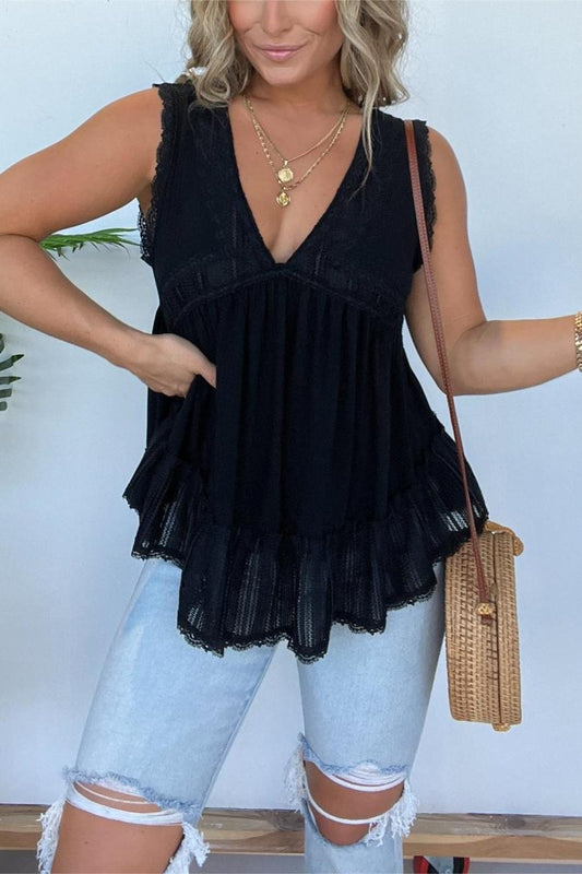 V-NECKLINE SLEEVELESS FLOW TOP WITH LACE TRIM (BUY 2 FREE SHIPPING)