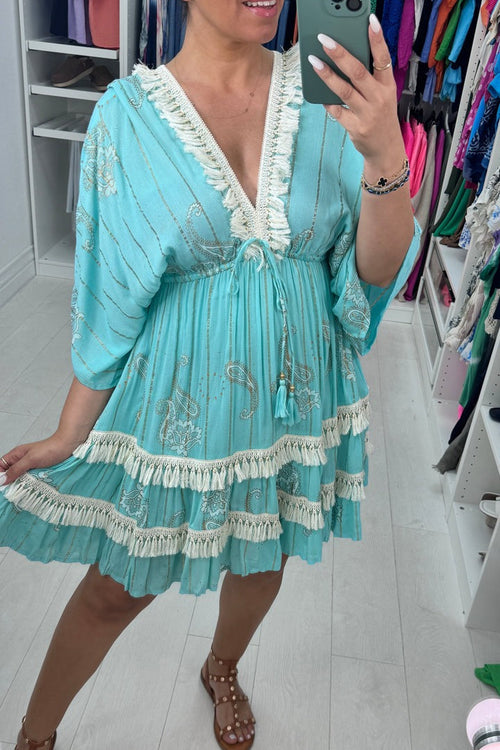 Paisley Print V Neck Tassel Dress