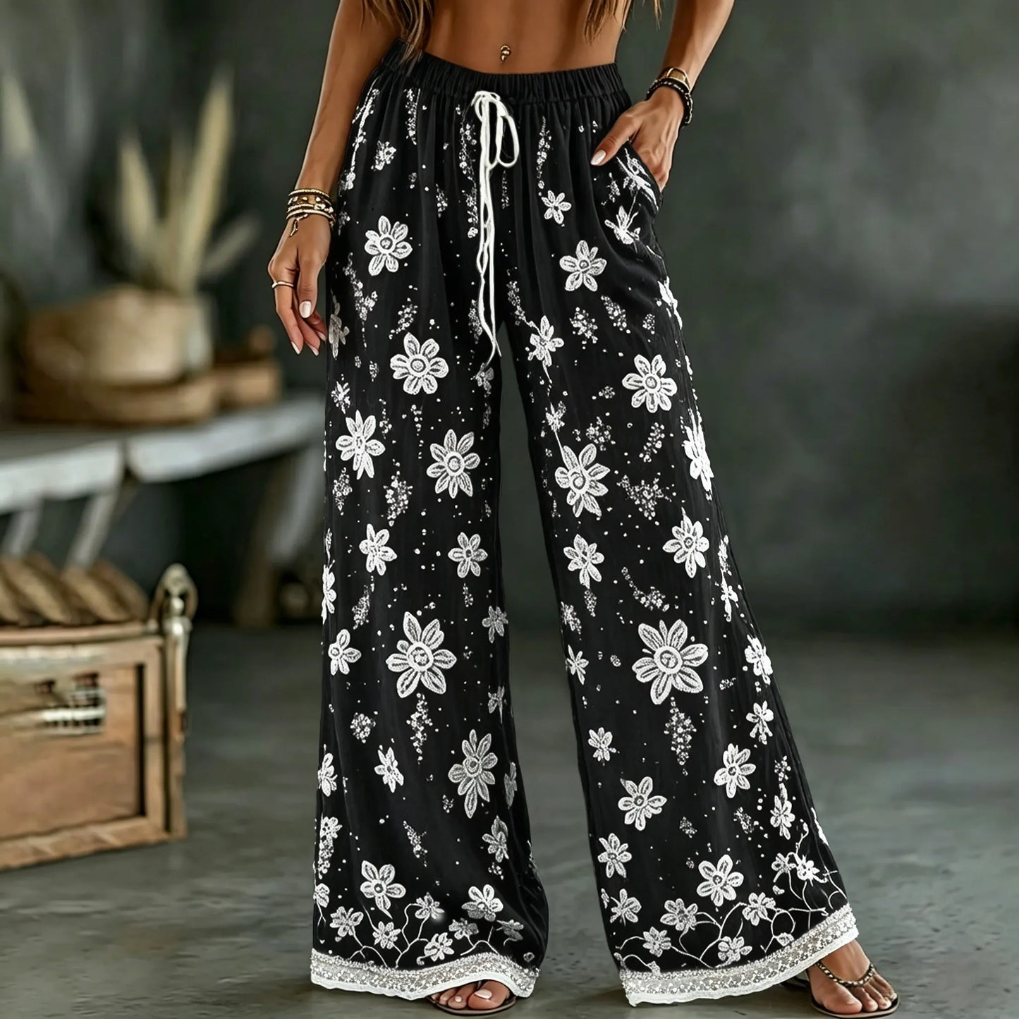 womens rose art linen blend pants