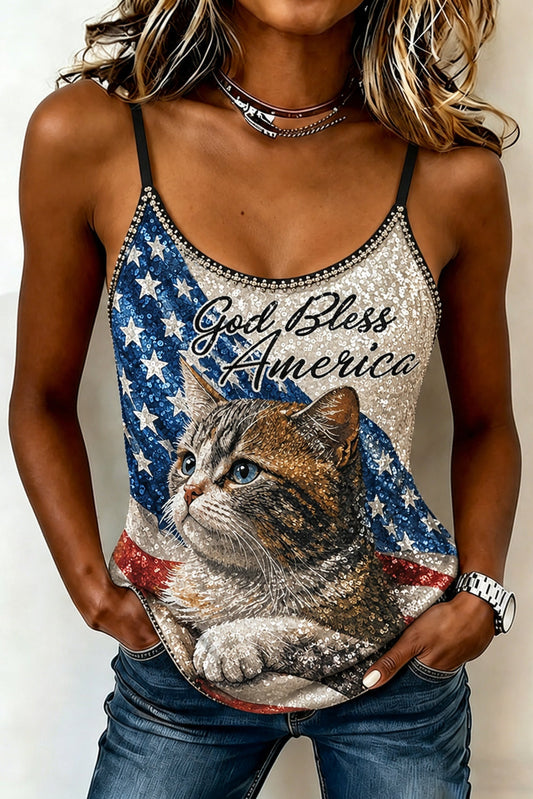 Women's Independence Day Cute Cat With Sequin Flag Pattern Tank Tops