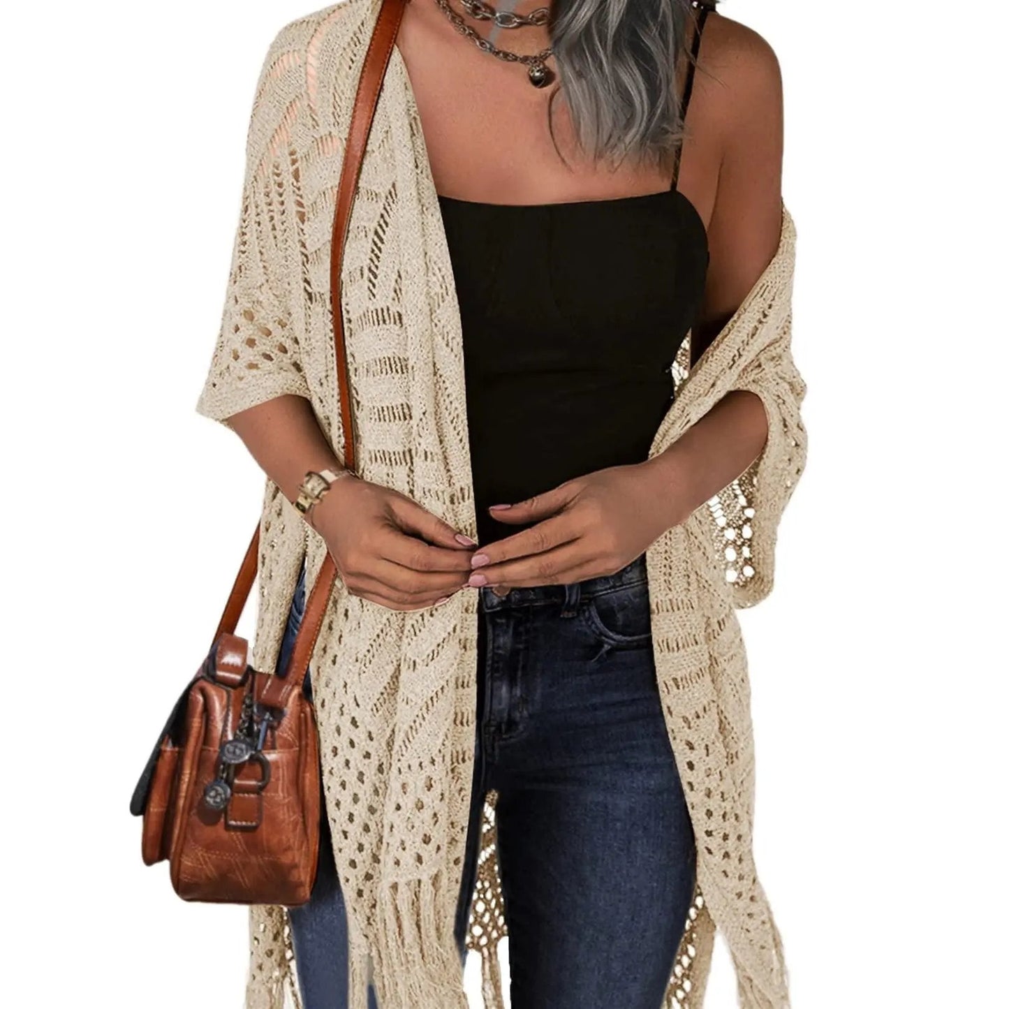 🔥Women’s Oversized Knit Cardigan – Lightweight Crochet Tassel Kimono for Spring & Summer 🌸