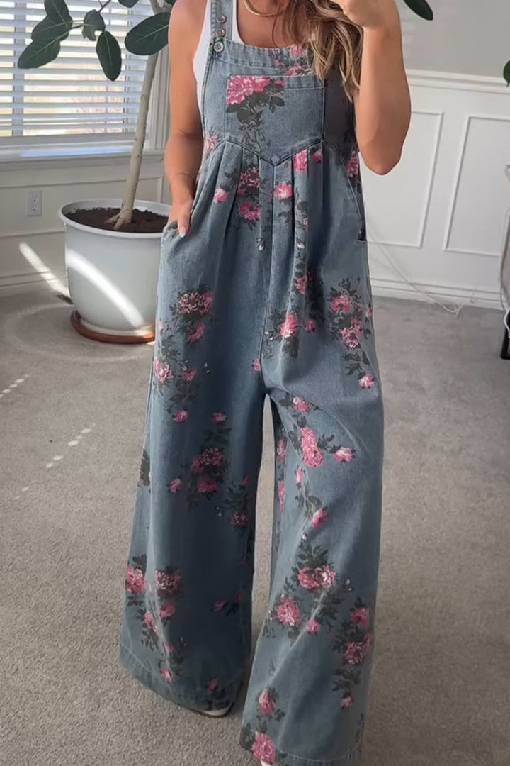 Printed Pocket Casual Denim Overalls