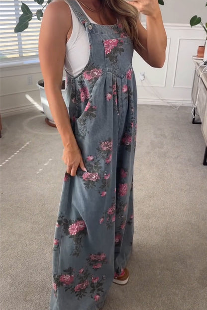 Printed Pocket Casual Denim Overalls