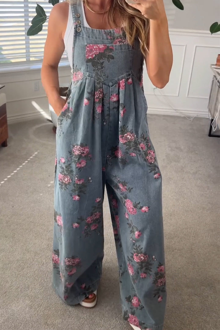 Printed Pocket Casual Denim Overalls
