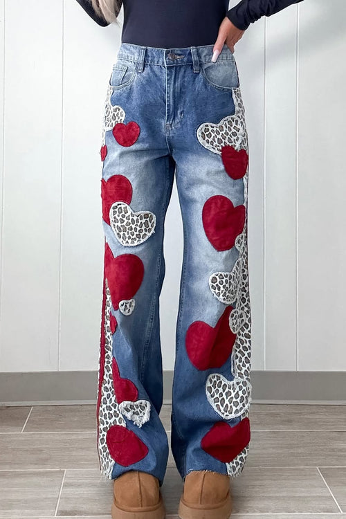 Womens Patchwork Heart-print Casual Denim Pants