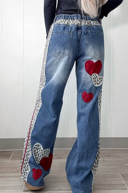 Womens Patchwork Heart-print Casual Denim Pants