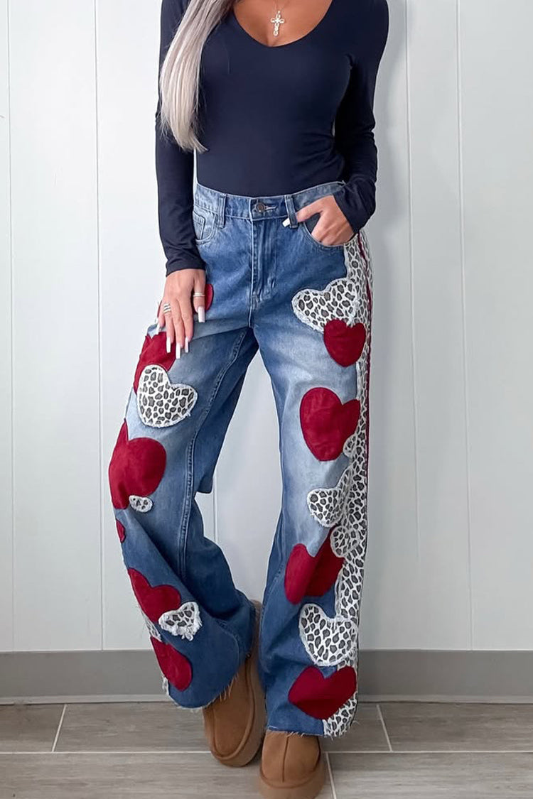 Womens Patchwork Heart-print Casual Denim Pants