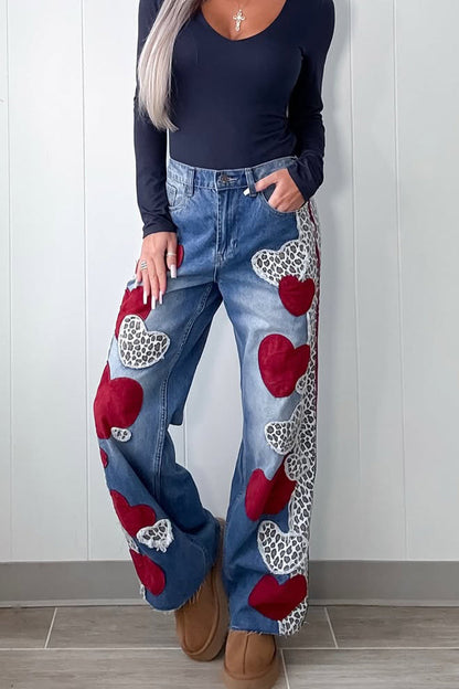 Womens Patchwork Heart-print Casual Denim Pants