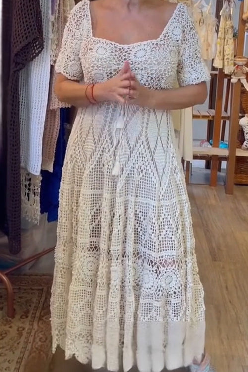 Square Neck Lace Solid Color Elegant Casual Dress