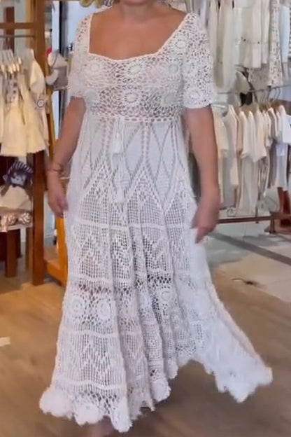 Square Neck Lace Solid Color Elegant Casual Dress