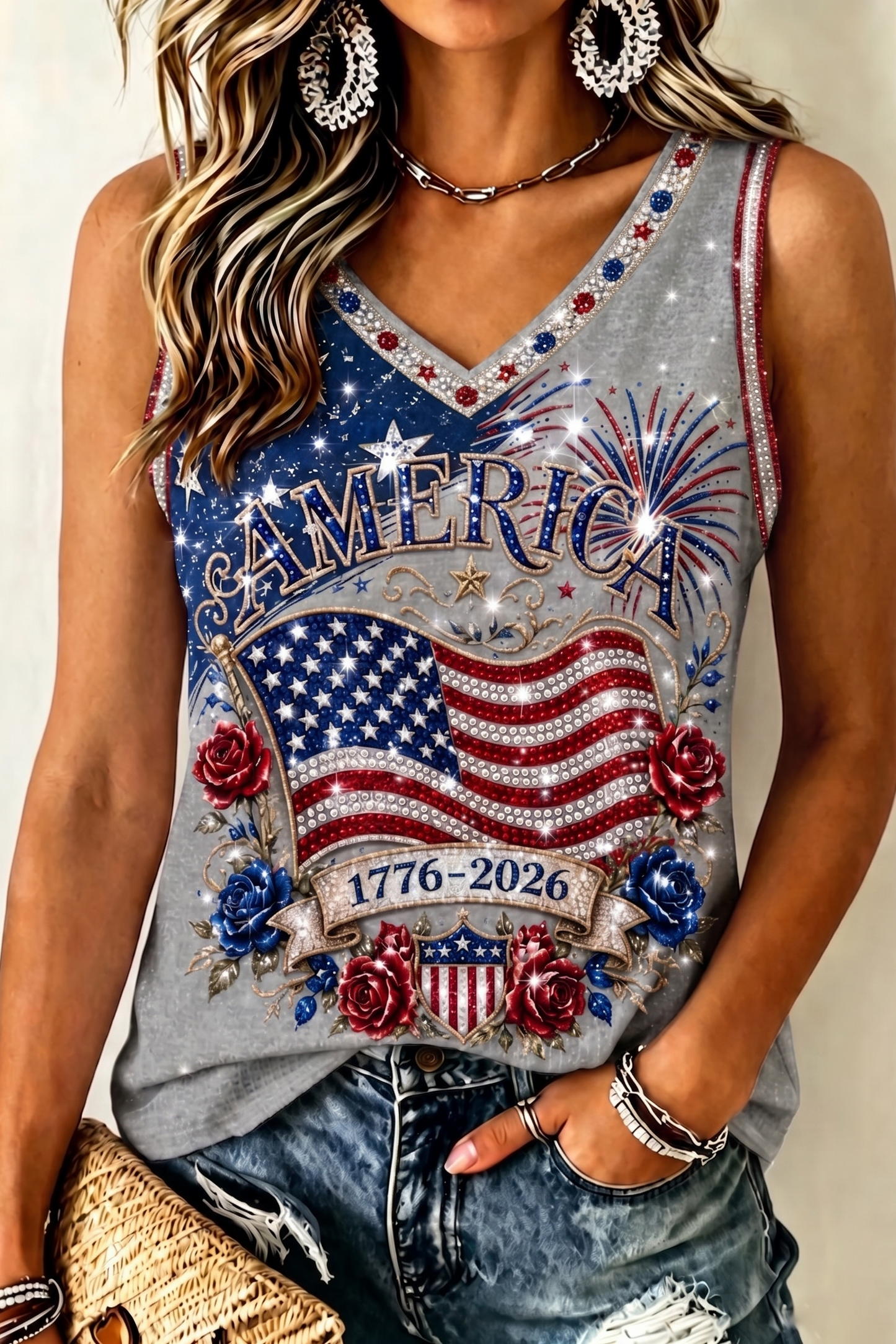 Women's Retro Independence Day Anniversary Art Print V-neck Tank Top