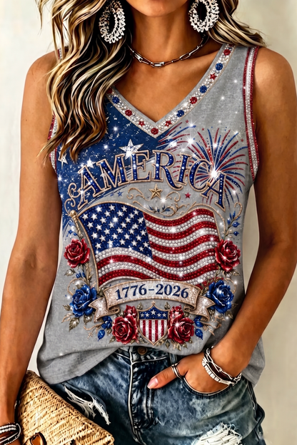 Women's Retro Independence Day Anniversary Art Print V-neck Tank Top