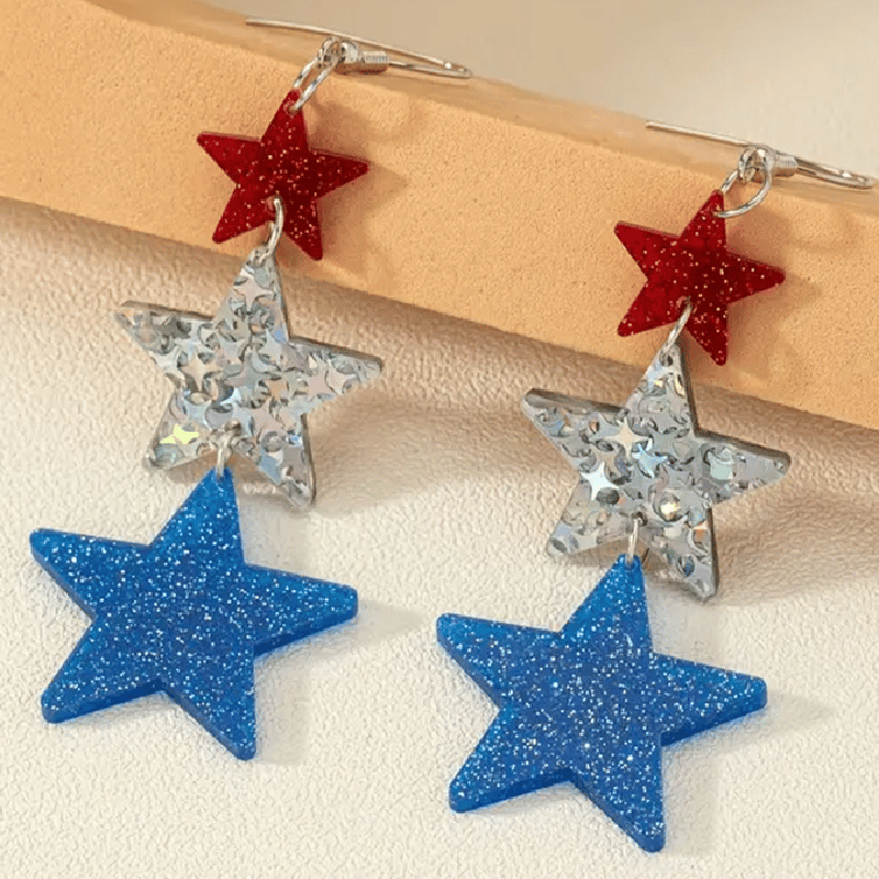 art Independence Day Five-pointed Star Three-color Stitching Glitter Simple Earrings