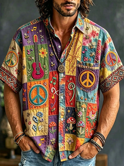 Men's Peace Sign And Guitar Hippie Patchwork Print Casual Shirt