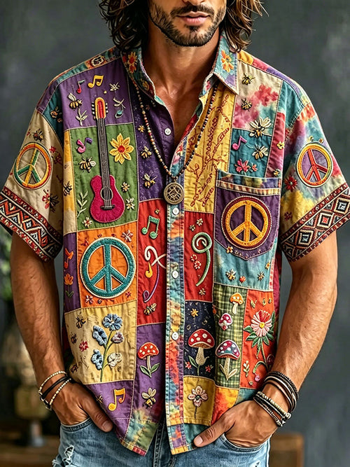Men's Peace Sign And Guitar Hippie Patchwork Print Casual Shirt