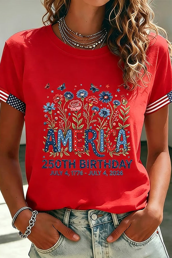 Women's 250 Years Of Freedom Flower Art Print T-shirt