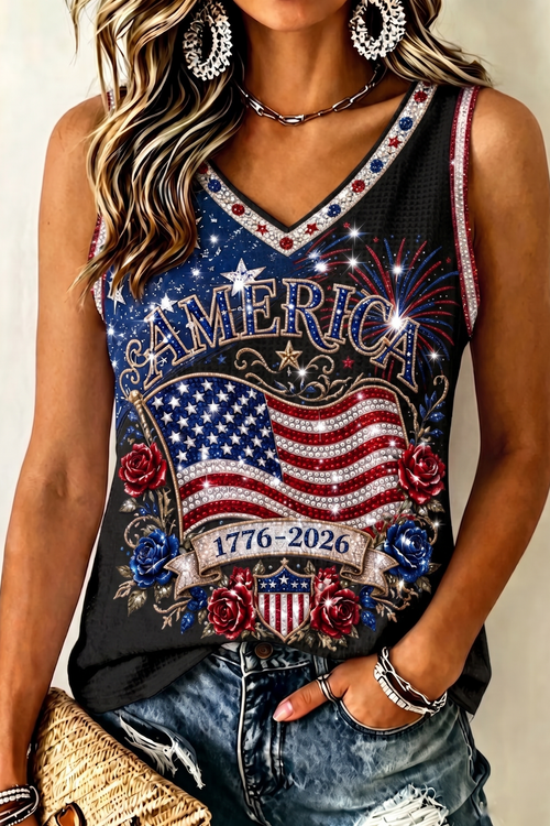 Women's Retro Independence Day Anniversary Art Print V-neck Tank Top