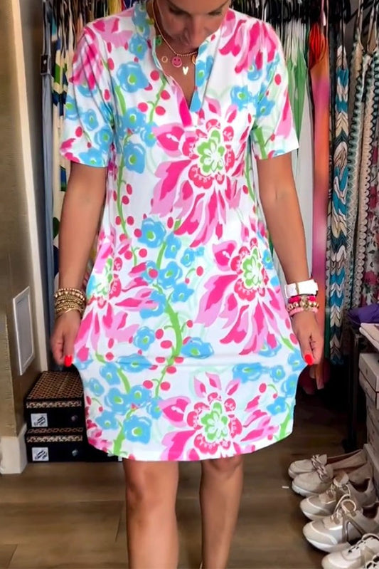Short-Sleeved Floral V-Neck Dress