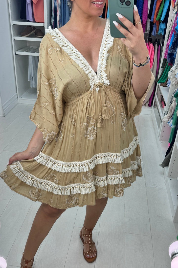Paisley Print V Neck Tassel Dress