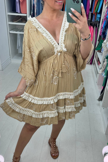 Paisley Print V Neck Tassel Dress