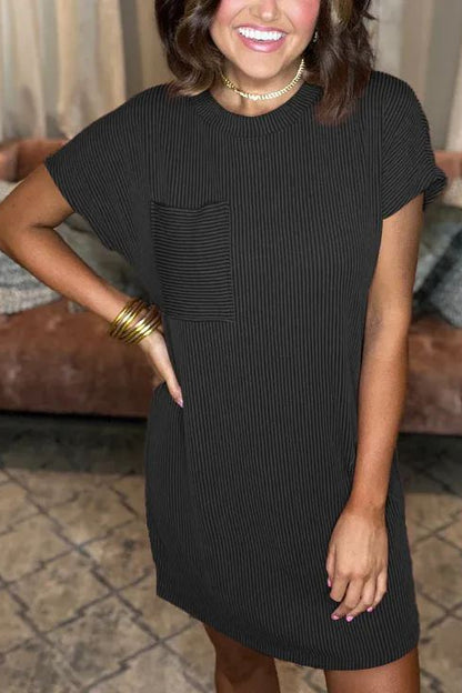 2024 NEW RIBBED ROUND NECK POCKET DRESS