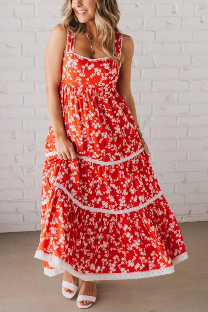 Red Floral Lace Trim Maxi Dress