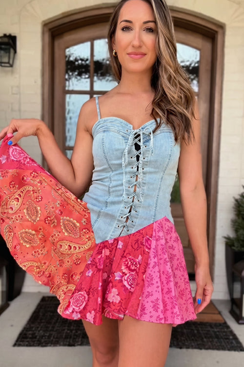 Denim & Floral Corset Mini Dress