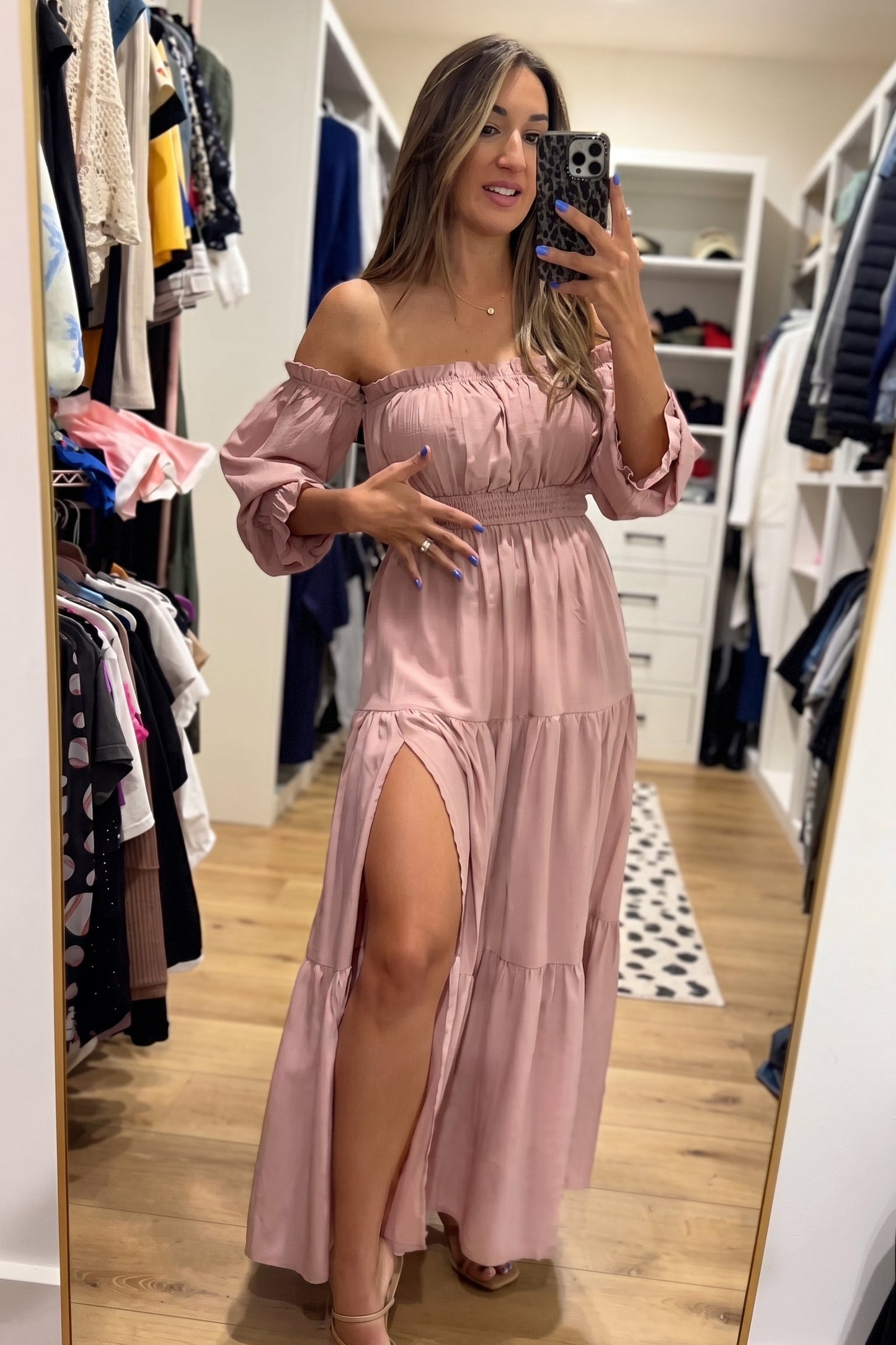 Soft Pink Off-Shoulder Tiered Maxi Dress with Slit